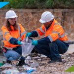 Environmental cleanup crew collecting debris after a flood, representing on-demand workforce for disaster recovery companies.